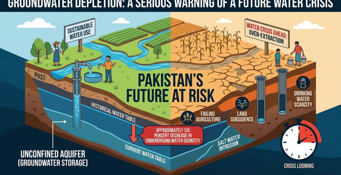زیر زمین پانی کی کمی، مستقبل کے آبی بحران کا سنگین انتباہ ملک میں زیر زمین پانی کی مقدار میں تقریباً چھ فیصد کمی